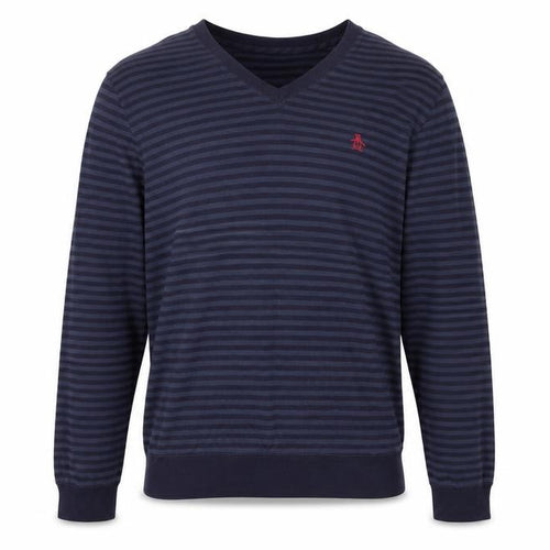 Original Penguin by Munsingwear Men's Navy Striped V-Neck Long Sleeve T-Shirt M