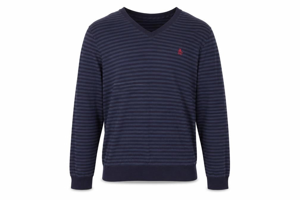 Original Penguin by Munsingwear Men's Navy Striped V-Neck Long Sleeve T-Shirt M