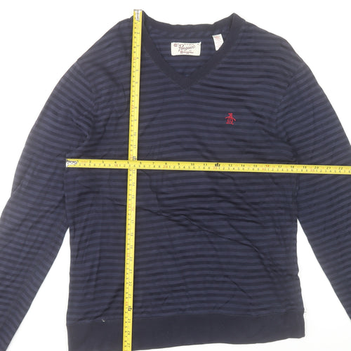 Original Penguin by Munsingwear Men's Navy Striped V-Neck Long Sleeve T-Shirt M