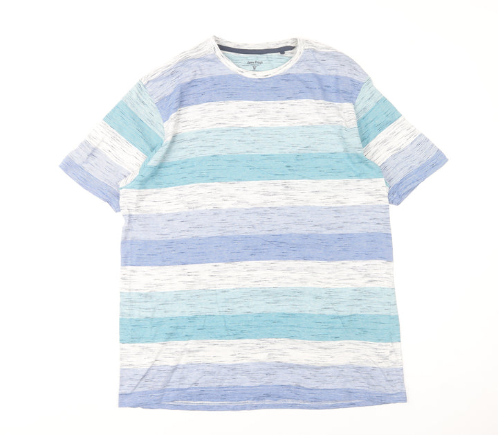 James Pringle Men's Blue Striped Cotton Crew Neck T-Shirt Size L