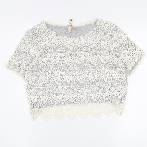 H&M Divided Women's Grey Lace Cropped Short Sleeve Blouse Size S