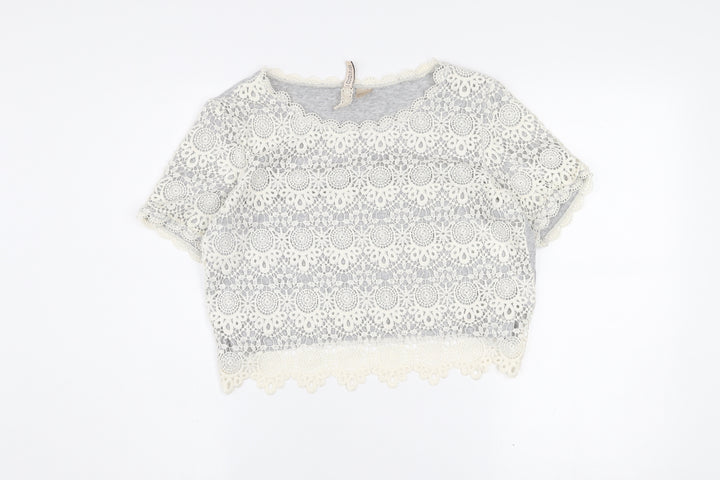 H&M Divided Women's Grey Lace Cropped Short Sleeve Blouse Size S