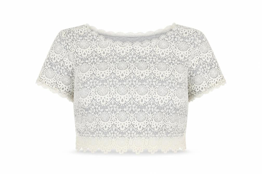 Front view of H&M Divided Women's Grey Lace Cropped Short Sleeve Blouse, size S