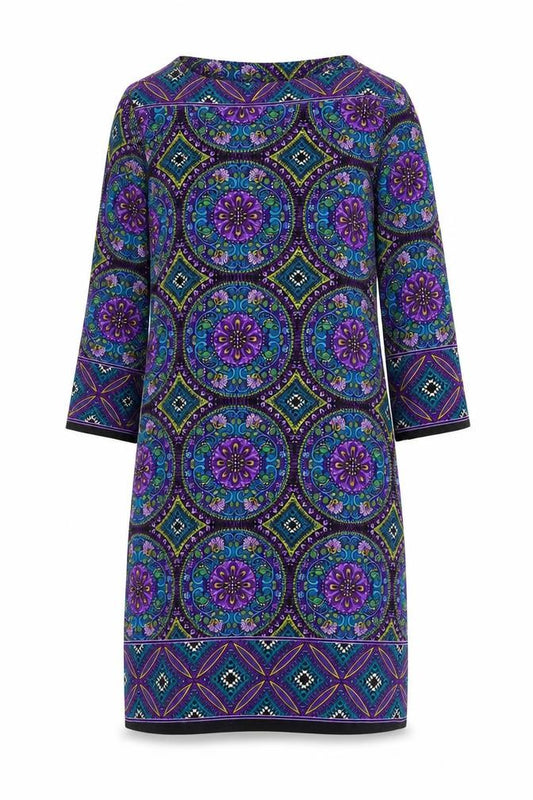 Front view of Wallis Petite Women’s Multicoloured Geometric Jersey Shift Dress, size UK 8