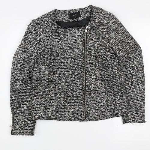 H&M Women’s Grey Tweed Biker Jacket Size 10 Full Zip Lined Cotton Blend