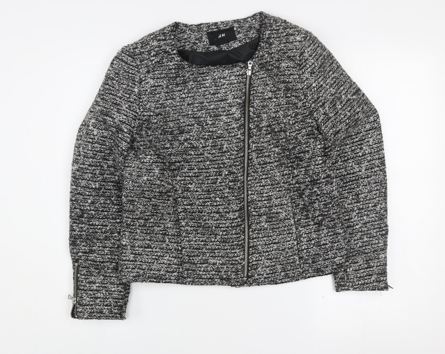 H&M Women’s Grey Tweed Biker Jacket Size 10 Full Zip Lined Cotton Blend