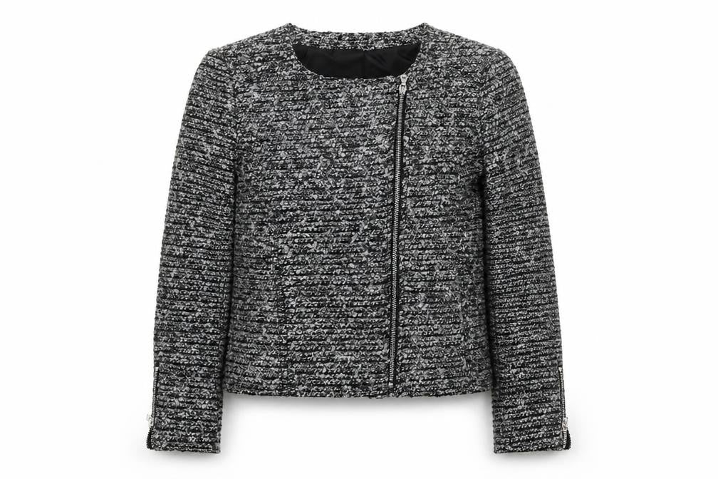 H&M Women’s Grey Tweed Biker Jacket Size 10 Full Zip Lined Cotton Blend