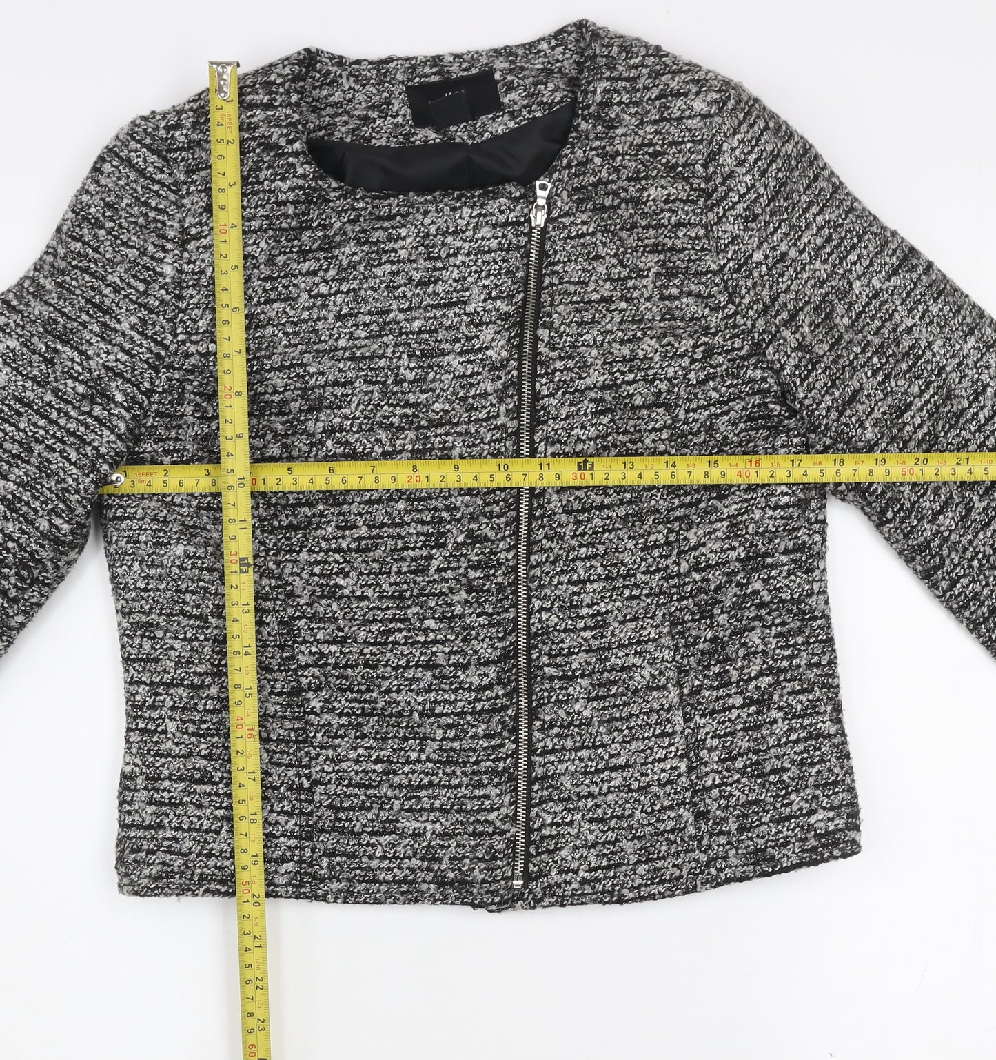 H&M Women’s Grey Tweed Biker Jacket Size 10 Full Zip Lined Cotton Blend