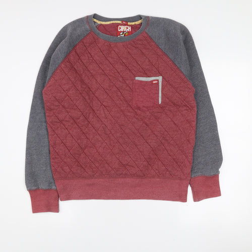 Cinch Mens Red Grey Quilted Crew Neck Jumper Size L