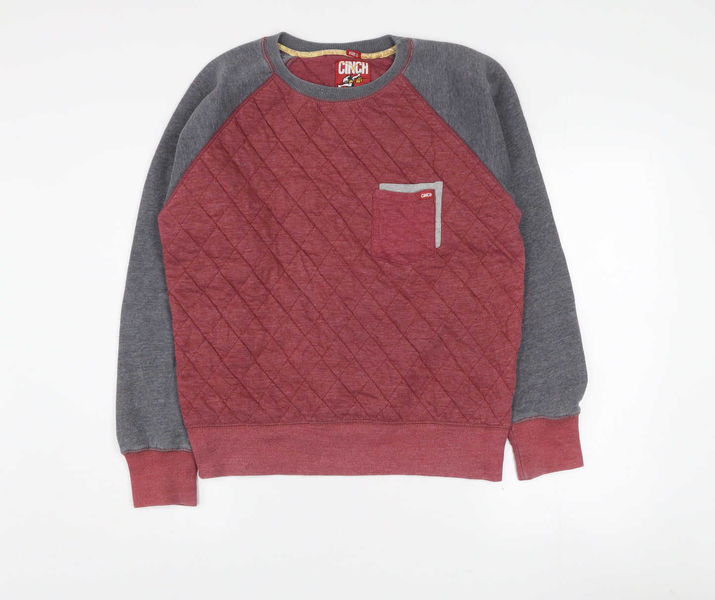 Cinch Mens Red Grey Quilted Crew Neck Jumper Size L