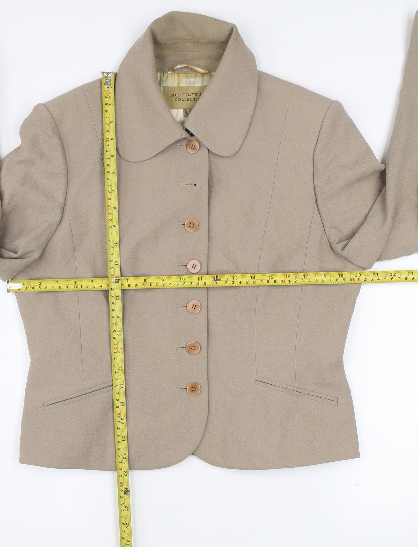 Paul Costelloe Women Beige Virgin Wool Single-Breasted Blazer UK 16