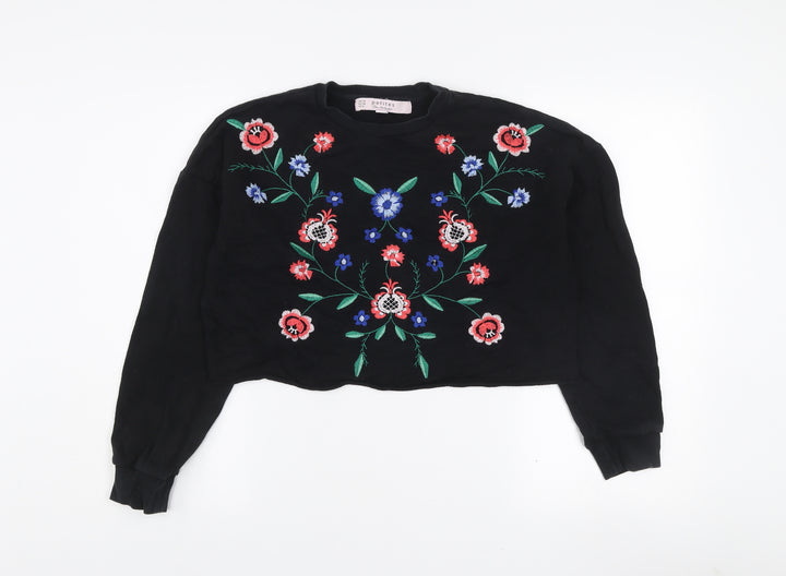 Miss Selfridge Petites Black Floral Embroidered Cotton Jumper UK 10