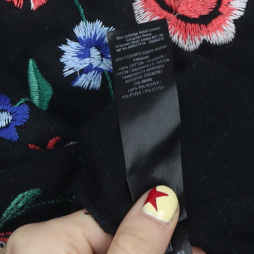 Miss Selfridge Petites Black Floral Embroidered Cotton Jumper UK 10