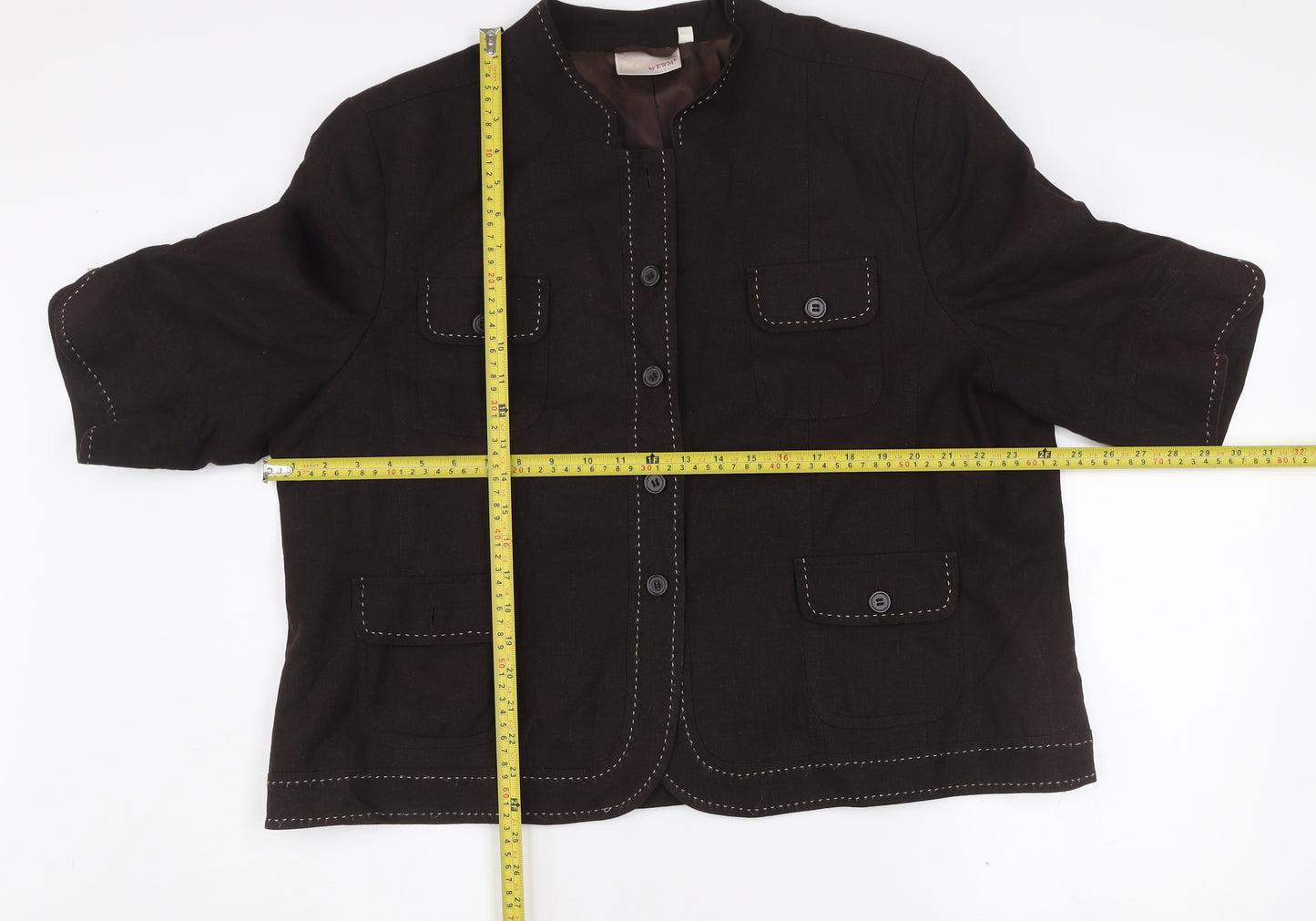 EWM Women's Brown Linen Blend 3/4 Sleeve Button Blazer Size 22