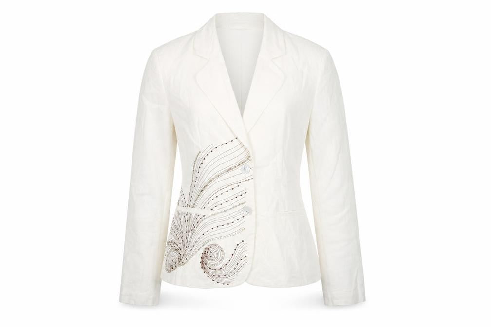 Front view of b.young Women Ivory Linen Blend Tailored Blazer, size 10