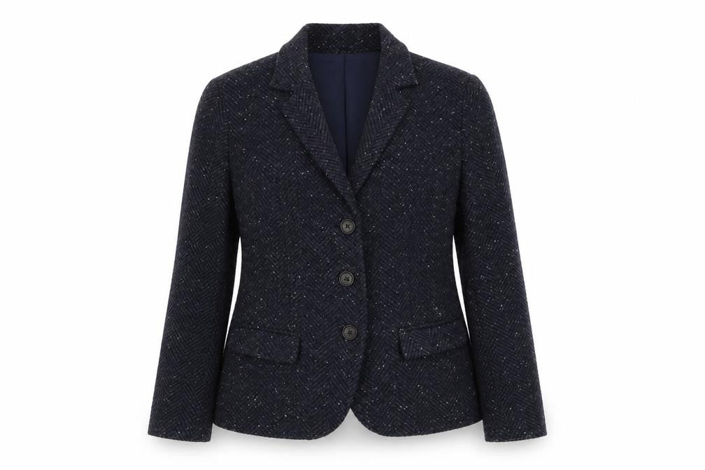 Front view of Kew 159 Women's Blue Wool Blend Tweed Blazer UK 12 Classic Single-Breasted Jacket