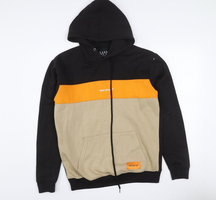 boohooMAN Men's Black Beige Orange Colour Block Hoodie M