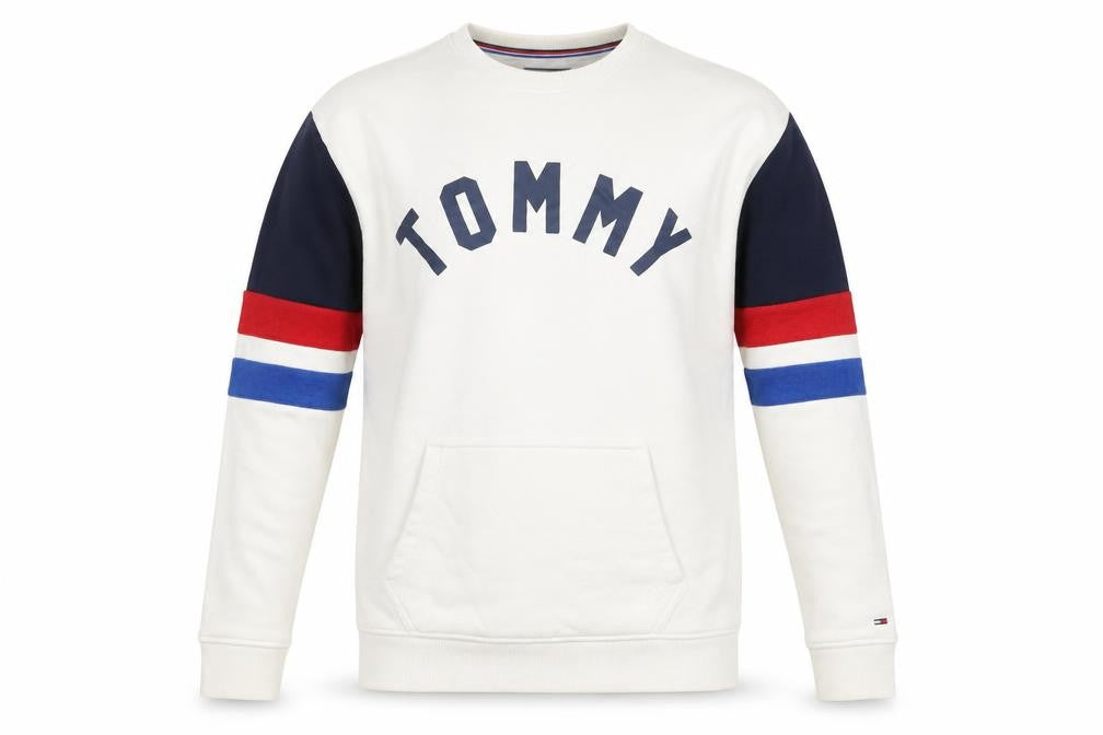 Front view of Tommy Jeans Men’s White Relaxed Fit Graphic Sweatshirt, size S