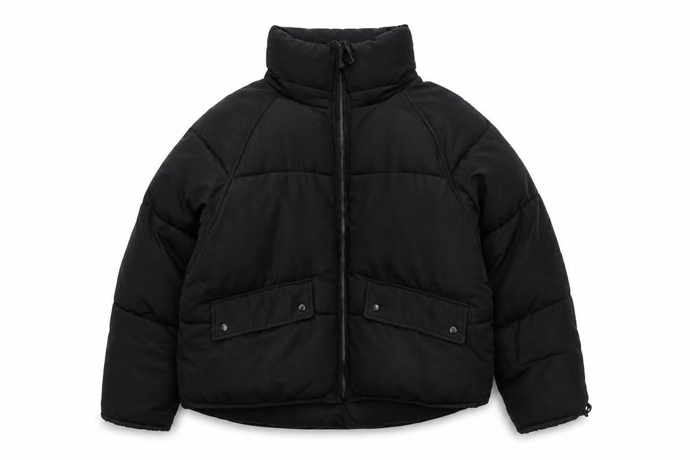 Front view of TRF women’s black s puffer jacket full zip quilted winter coat