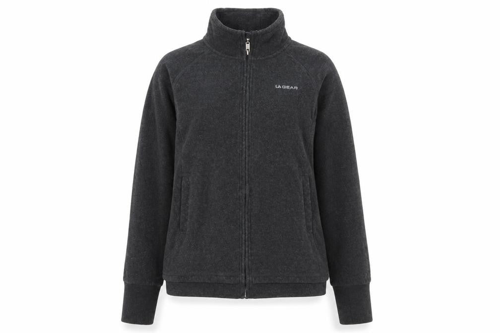 Front view of LA Gear women’s black fleece full zip jacket, size UK 10