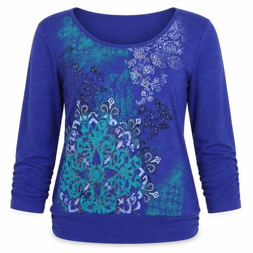 Style & Co. Women Blue Floral Beaded 3/4 Sleeve Top Size M