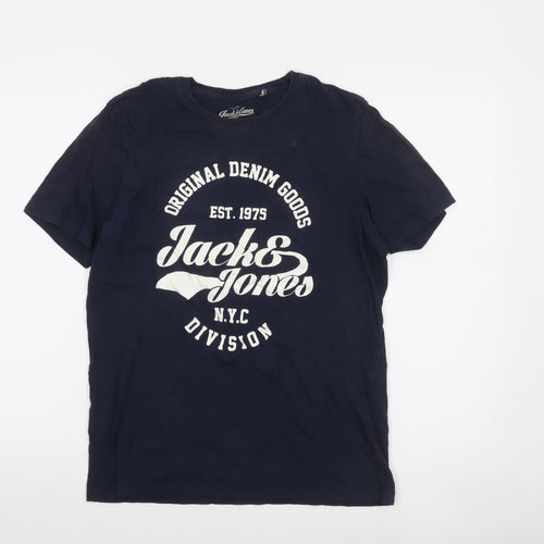 Jack & Jones Men's Navy Blue Graphic Print T-Shirt Size L