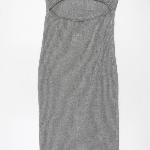 NA-KD Women Grey Ribbed Knit Bodycon Cut Out Midi Dress XS