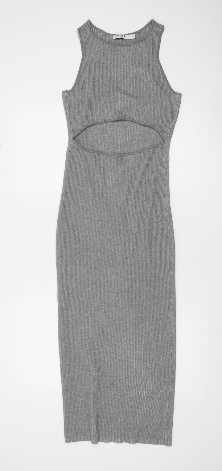 NA-KD Women Grey Ribbed Knit Bodycon Cut Out Midi Dress XS