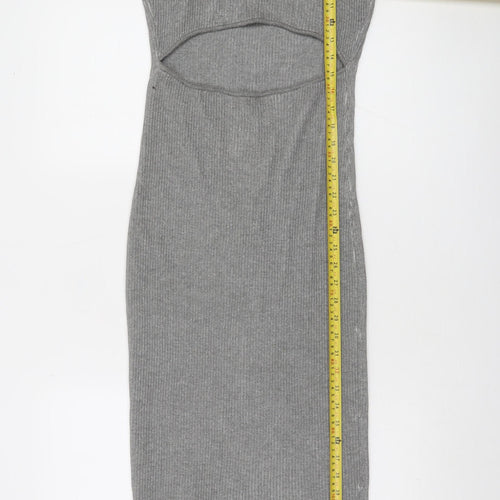 NA-KD Women Grey Ribbed Knit Bodycon Cut Out Midi Dress XS
