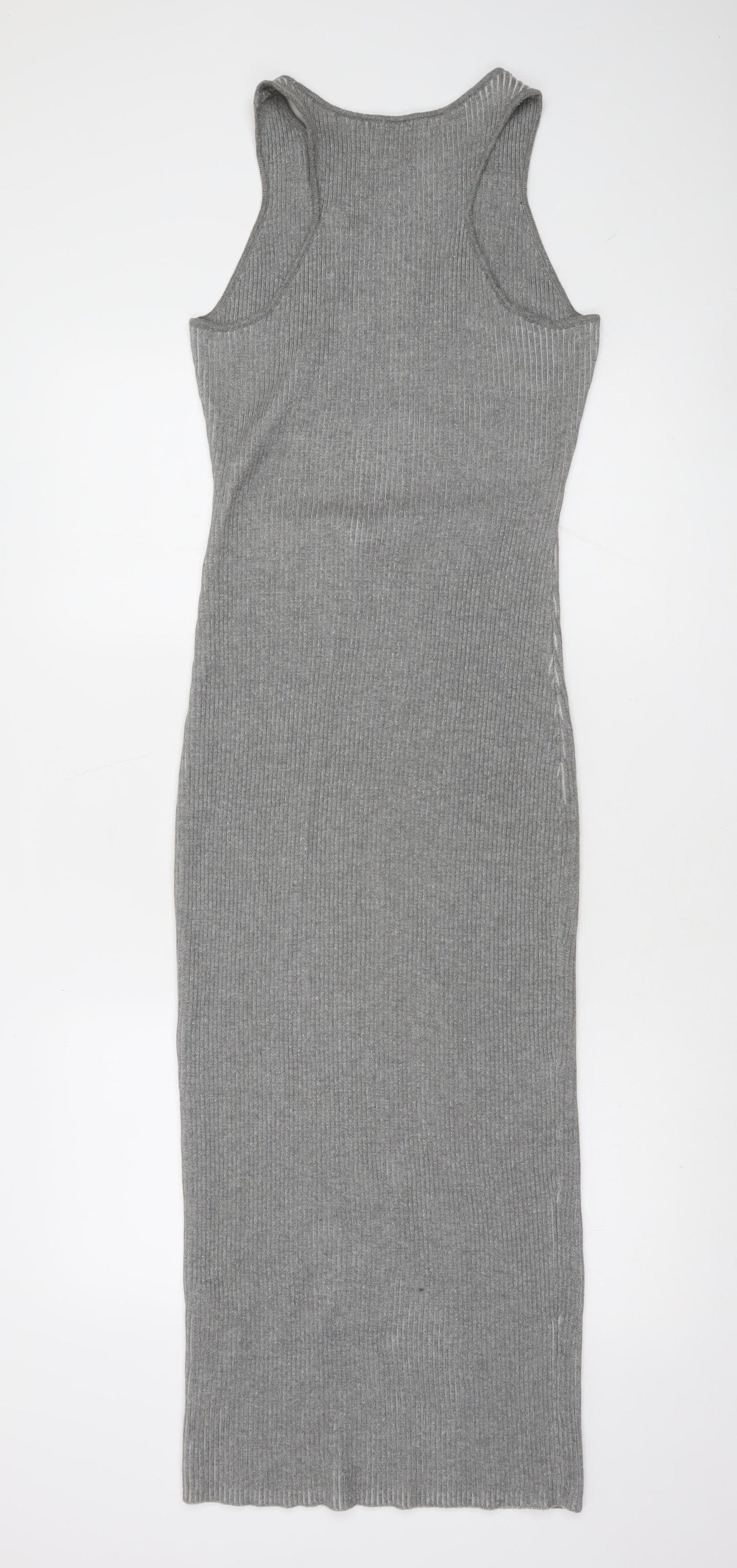 NA-KD Women Grey Ribbed Knit Bodycon Cut Out Midi Dress XS