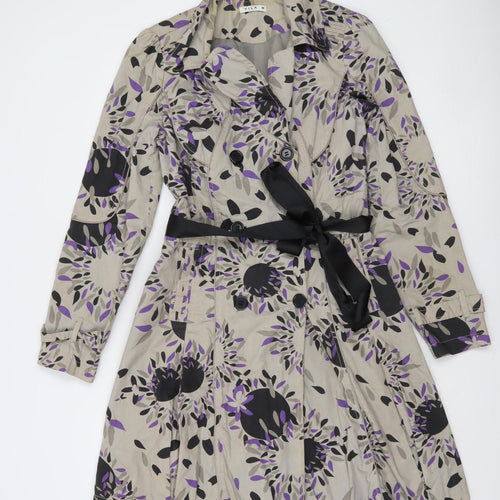 Vila Women Beige Floral Trench Coat Belted Cotton M