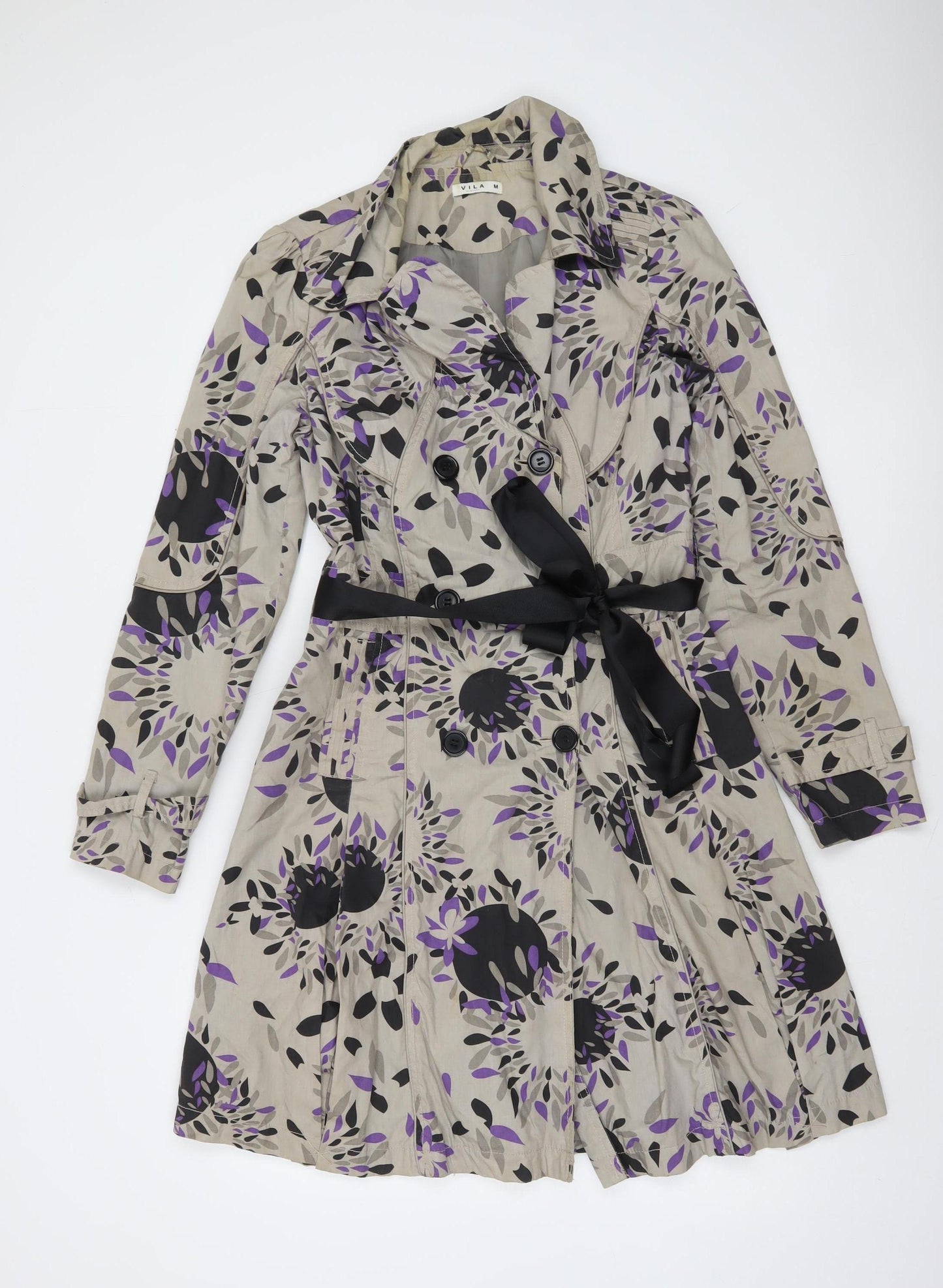 Vila Women Beige Floral Trench Coat Belted Cotton M