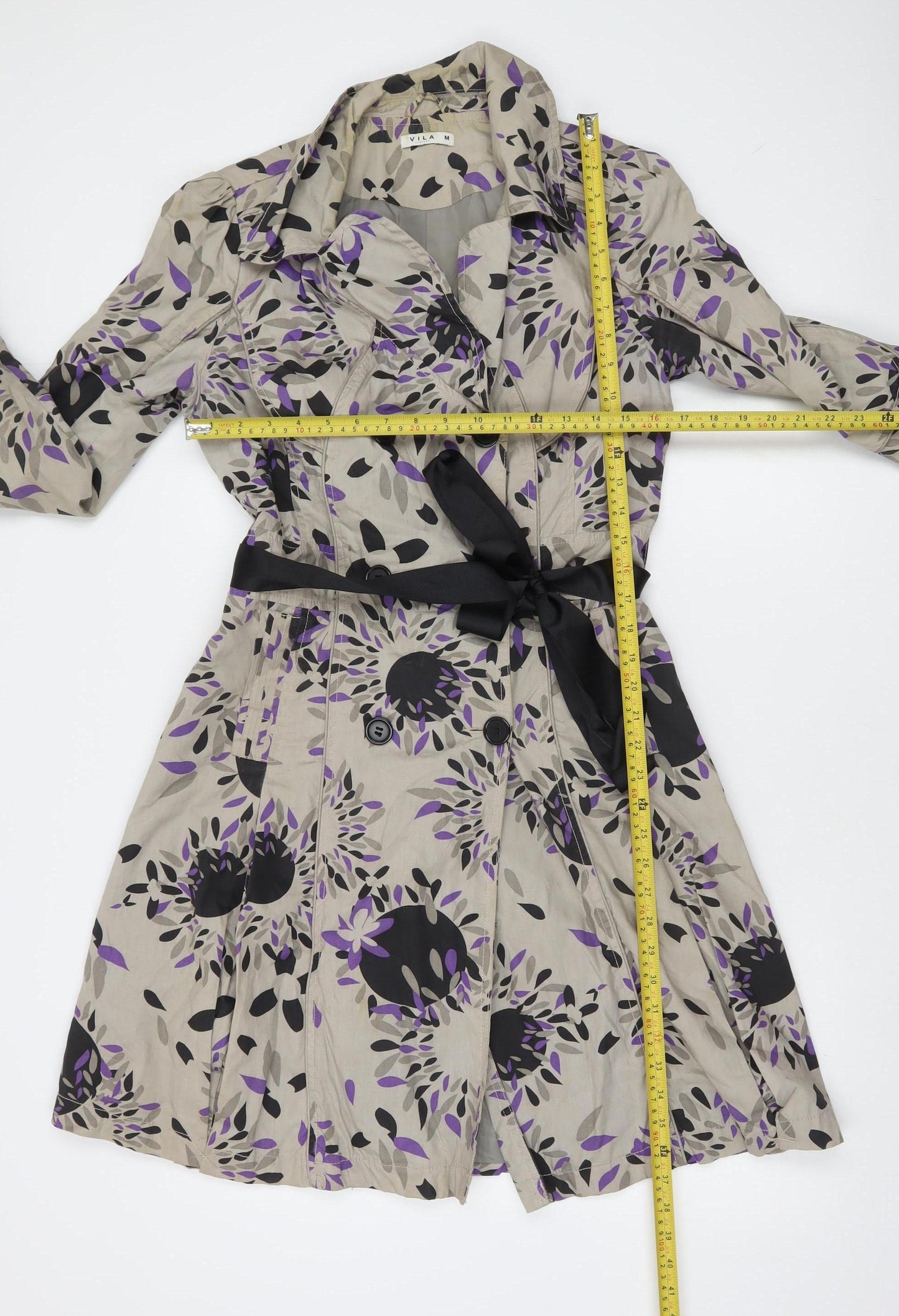 Vila Women Beige Floral Trench Coat Belted Cotton M