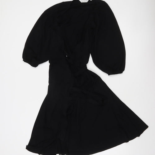 Topshop Women’s Black Midi Wrap Dress Size 10 Long Sleeve