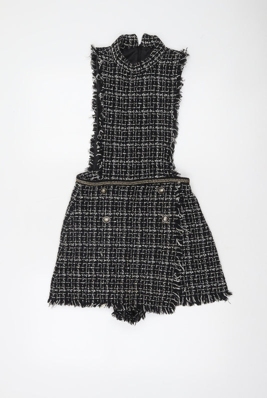 Zara Basic Women's Black Tweed Sleeveless Playsuit XS Bouclé Look