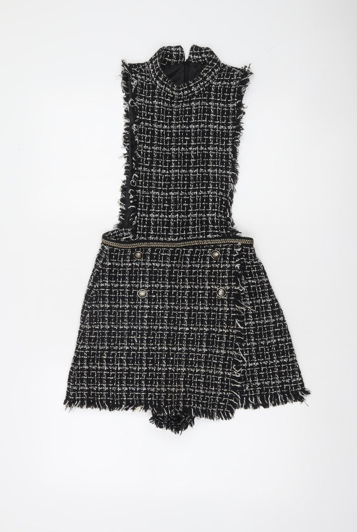 Zara Basic Women's Black Tweed Sleeveless Playsuit XS Bouclé Look