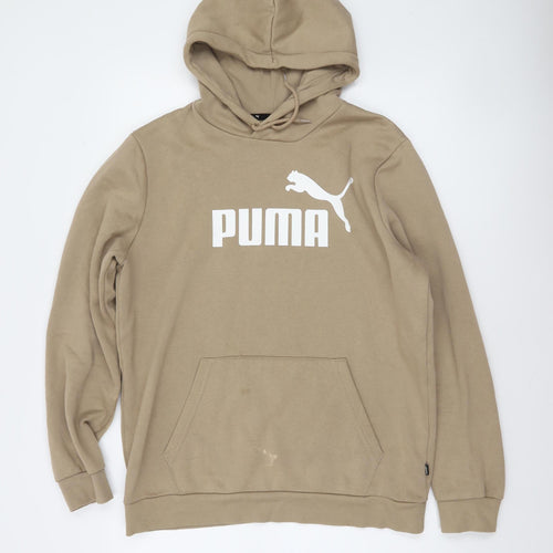 Puma Men's Beige Pullover Hoodie M Logo Fleece Sweatshirt
