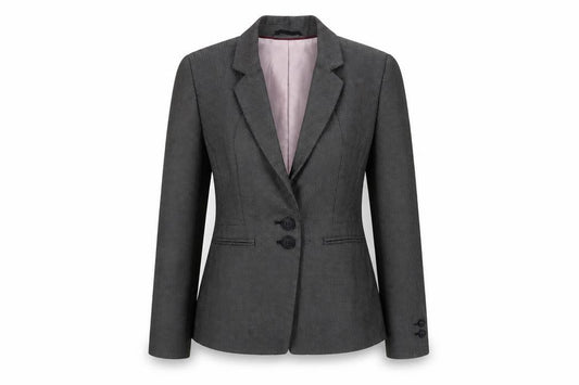 Front view of Next Petite women’s grey two-button blazer jacket, size UK 10