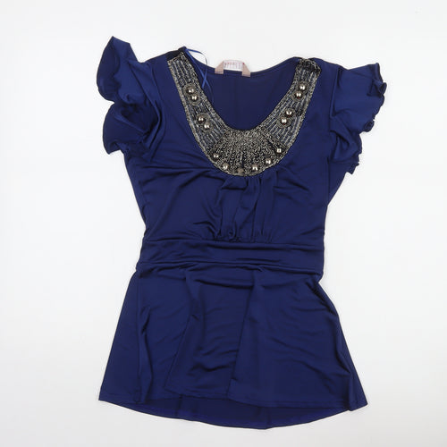 A|wear Women's Blue Beaded Tunic Blouse Short Sleeve Size S