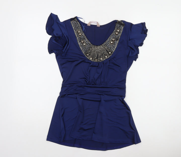 A|wear Women's Blue Beaded Tunic Blouse Short Sleeve Size S