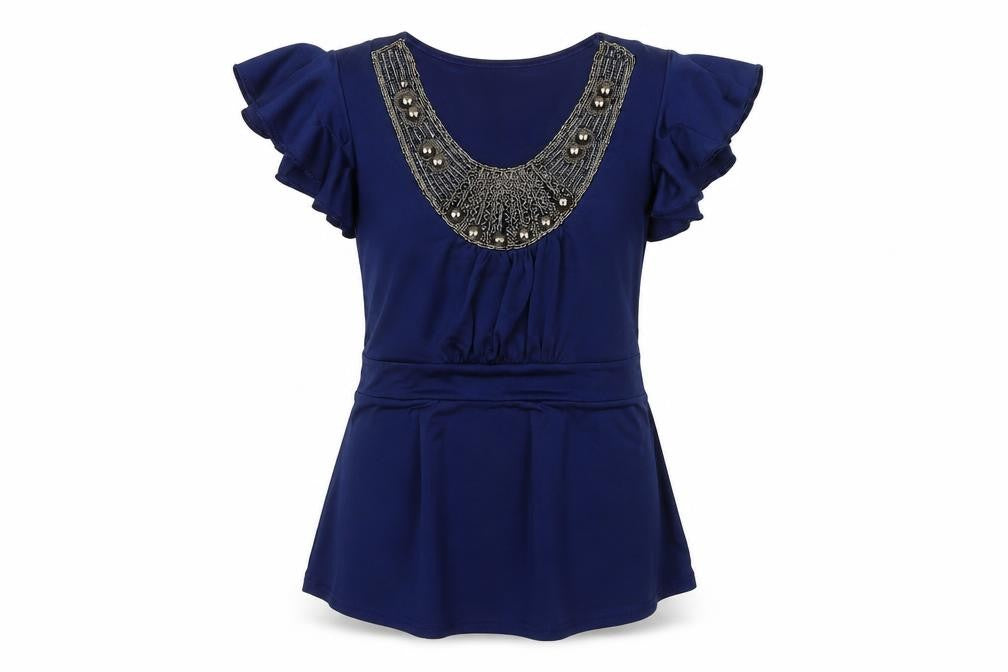 Front view of A|wear Women's Blue Beaded Tunic Blouse Short Sleeve, size S