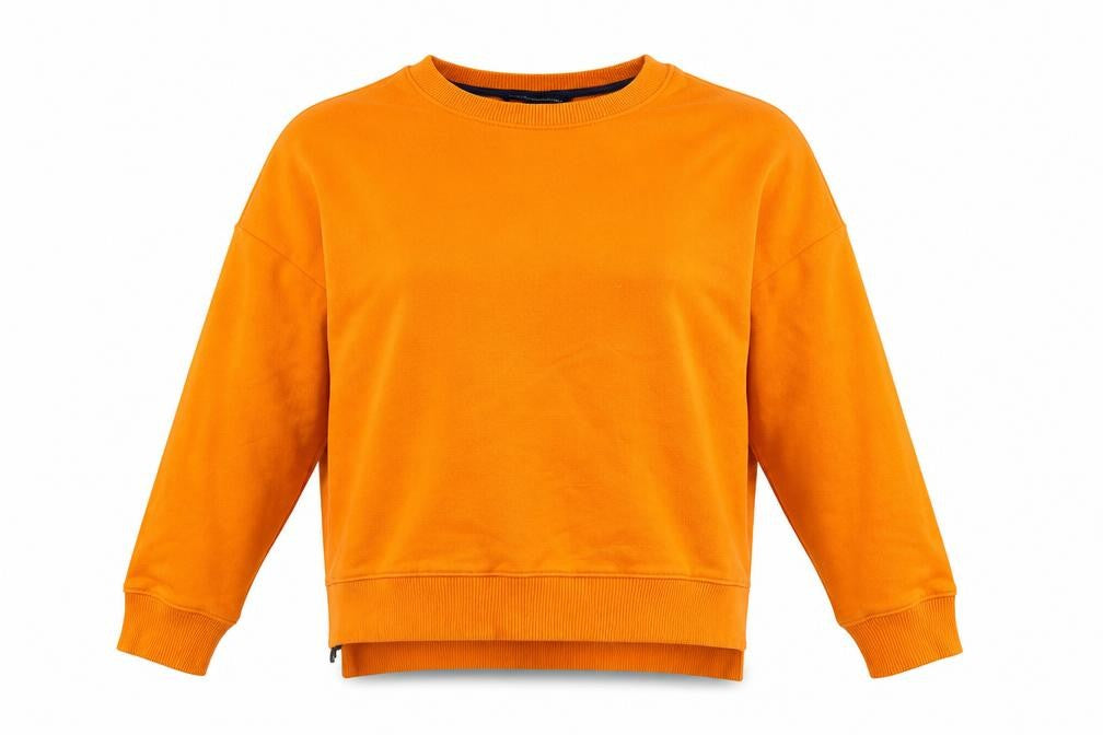 Front view of French Connection Women's Orange Cotton Pullover Sweatshirt, size S
