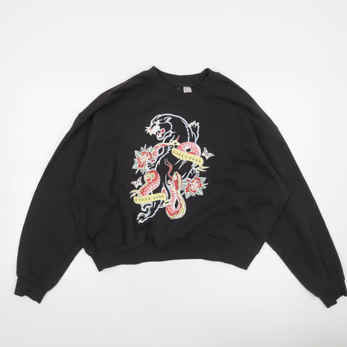H&M Divided Womens Black XL Pullover Sweatshirt Panther & Snake Print