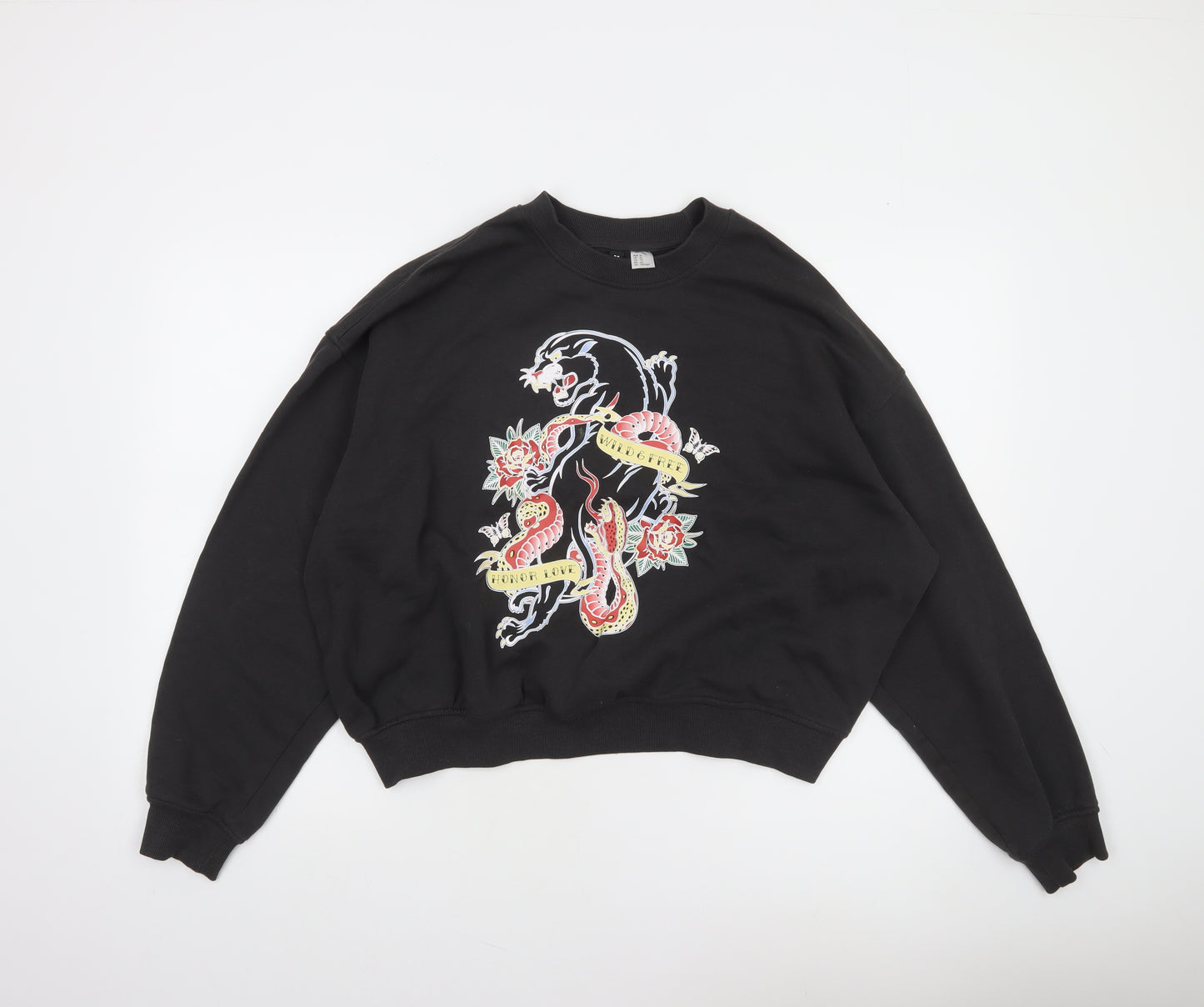 H&M Divided Womens Black XL Pullover Sweatshirt Panther & Snake Print