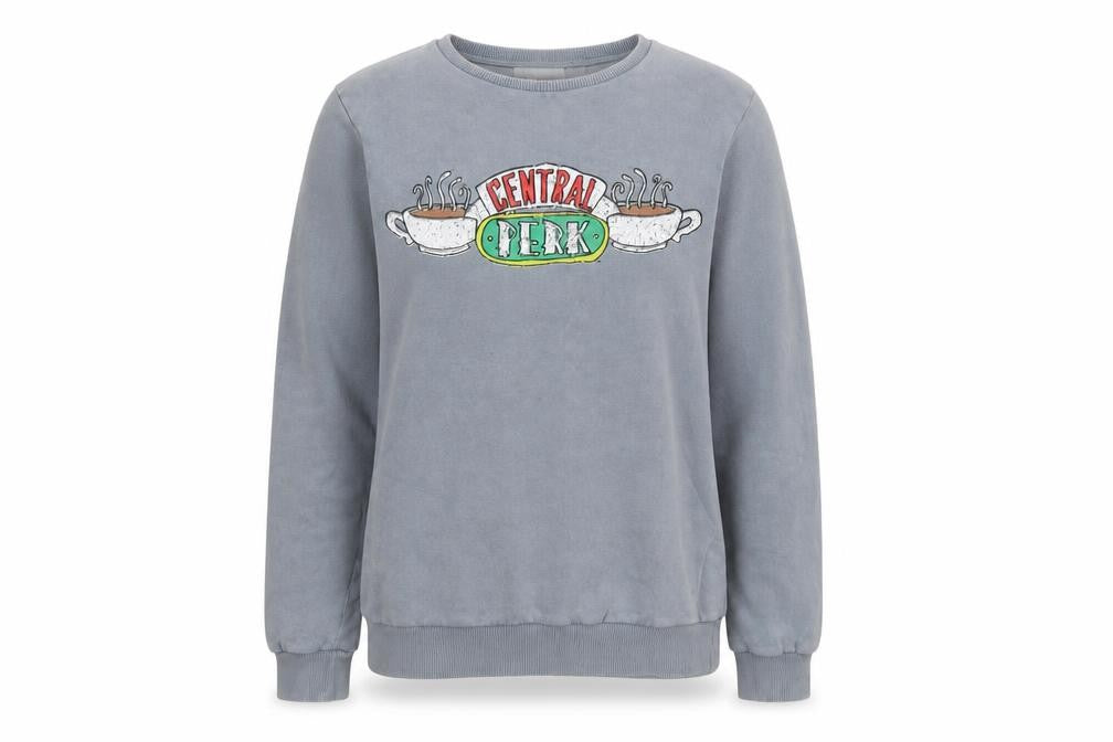 Front view of Friends Women's Grey Central Perk Sweatshirt Size 2XS