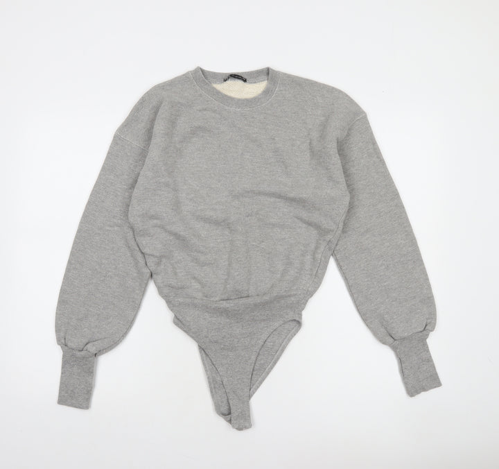 Zara Women Grey Long Sleeve Bodysuit Small Cotton Blend
