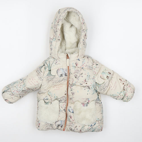 Next Unisex Baby Beige Animal Print Puffer Jacket 12-18 Months Hooded Winter Coat