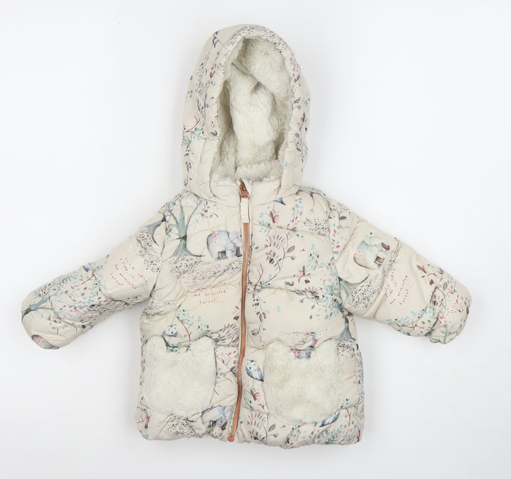 Next Unisex Baby Beige Animal Print Puffer Jacket 12-18 Months Hooded Winter Coat