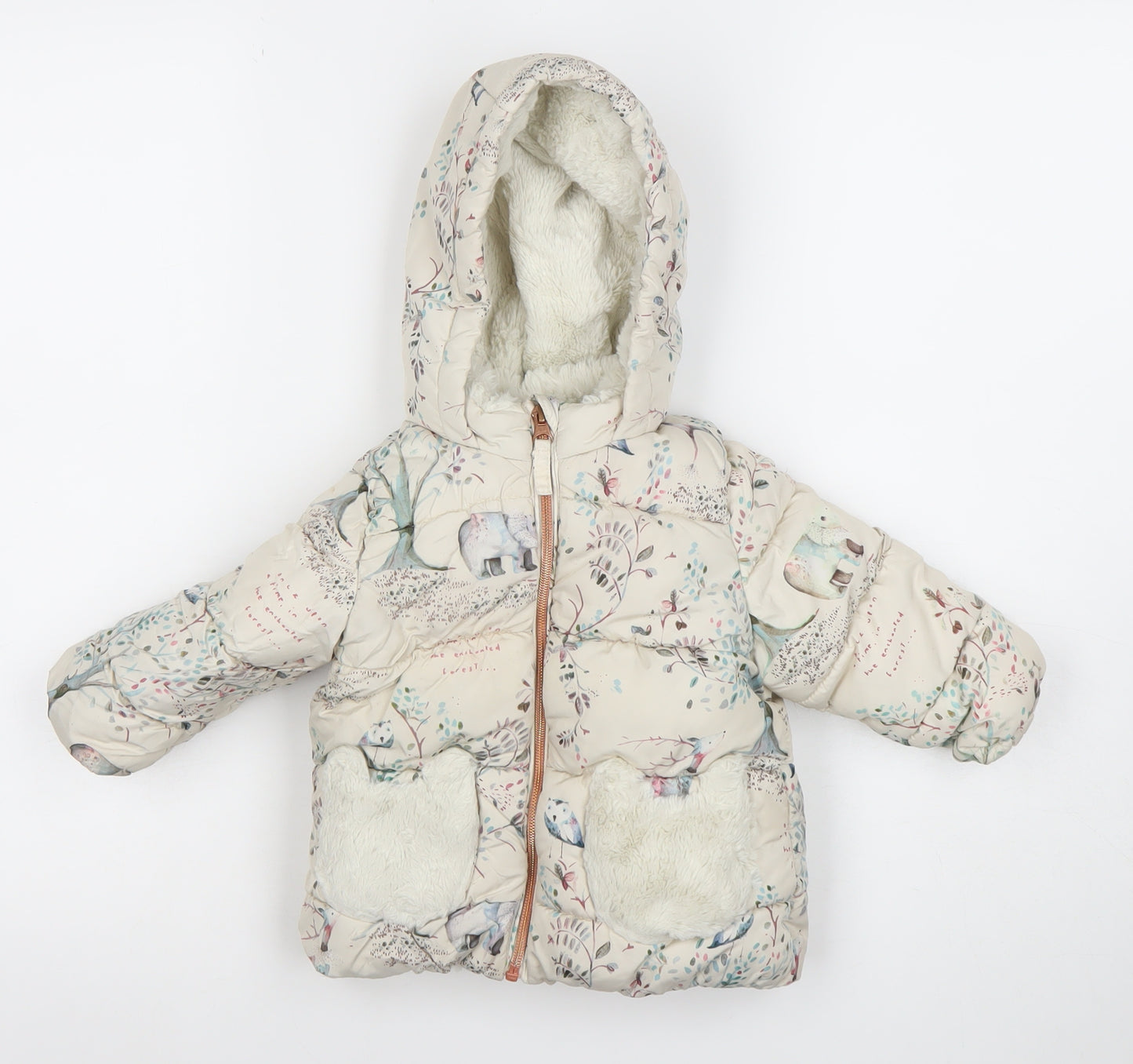 Next Unisex Baby Beige Animal Print Puffer Jacket 12-18 Months Hooded Winter Coat