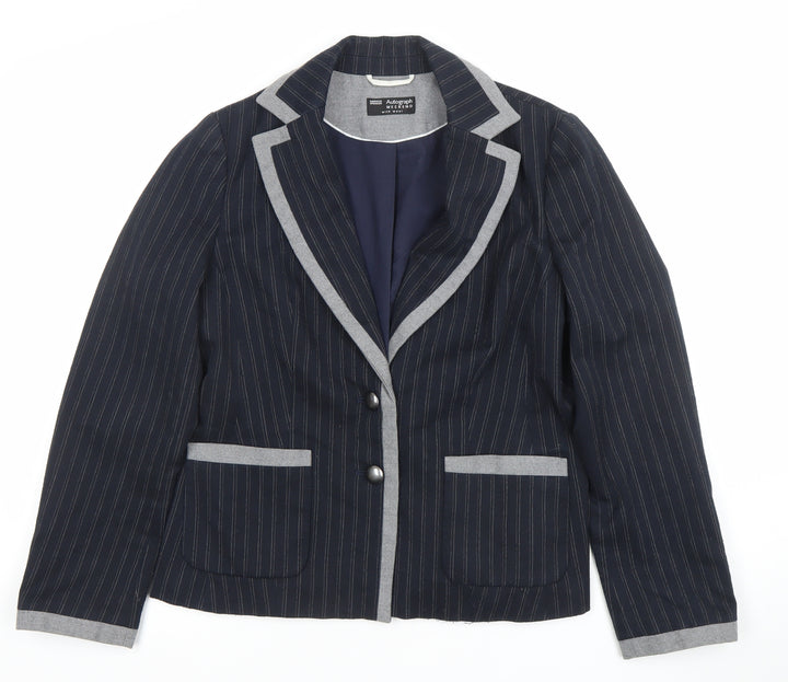 Marks and Spencer Women Blue Pinstripe Wool Blend Blazer UK 12